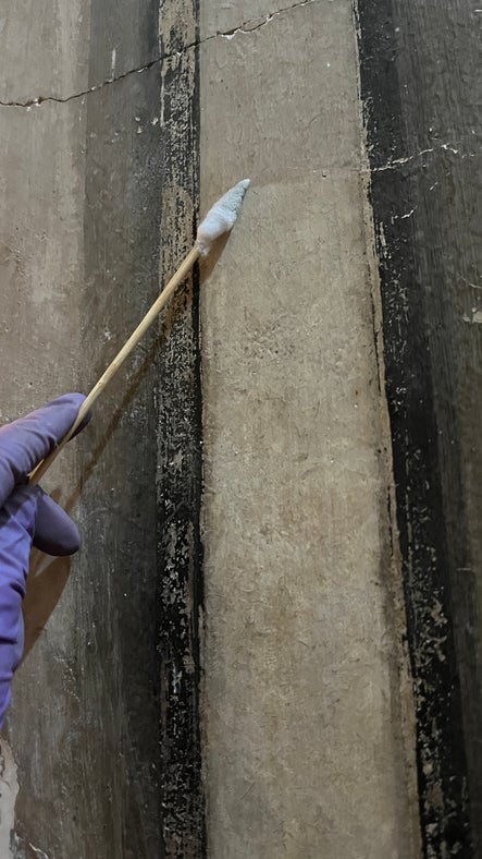 Conservator cleaning the wall painting in the Grotto Staircase, A la Ronde, Devon.